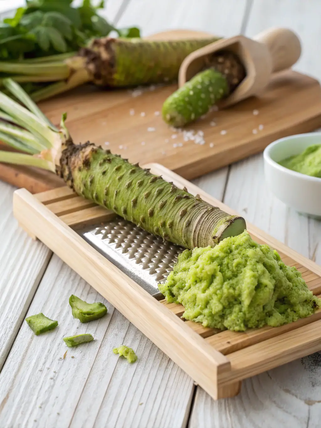 Fresh, green wasabi root being grated, with a focus on the vibrant color and the resulting paste, a key condiment in Japanese cuisine.