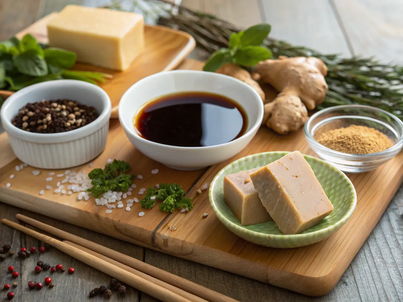 A vibrant image of various essential Japanese ingredients, such as soy sauce, mirin, sake, miso, and dashi, arranged artfully.