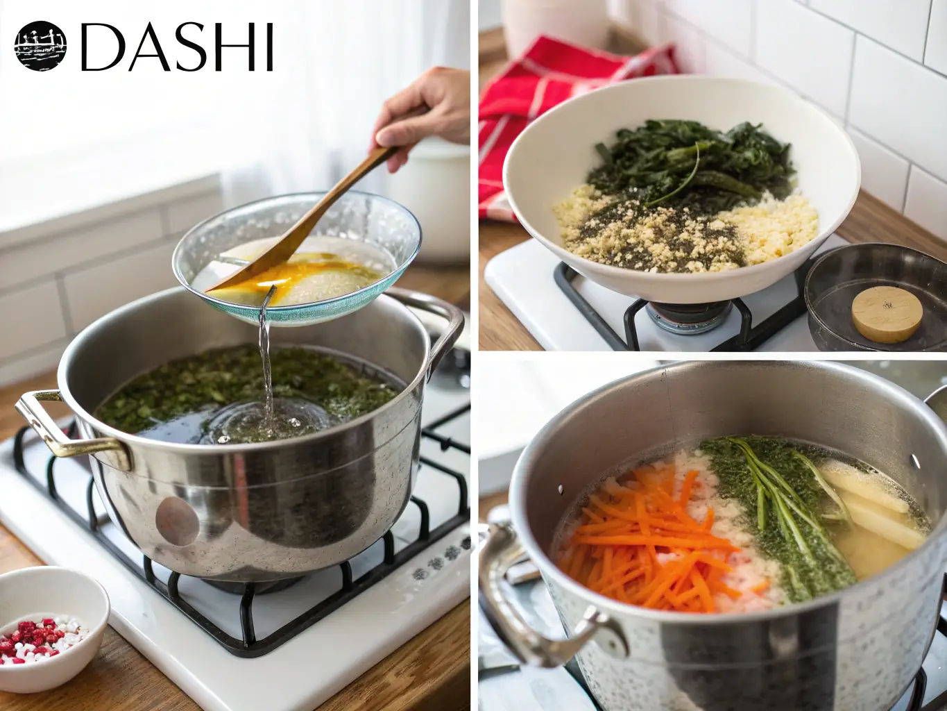 A step-by-step visual guide demonstrating the proper technique for making dashi, the flavorful Japanese soup stock.