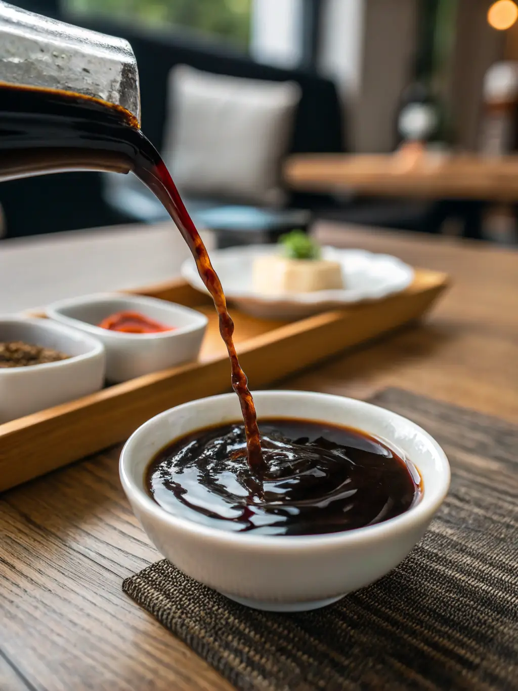 High-quality soy sauce being poured into a small dish, highlighting its rich, dark color and smooth texture, essential for Japanese cuisine.