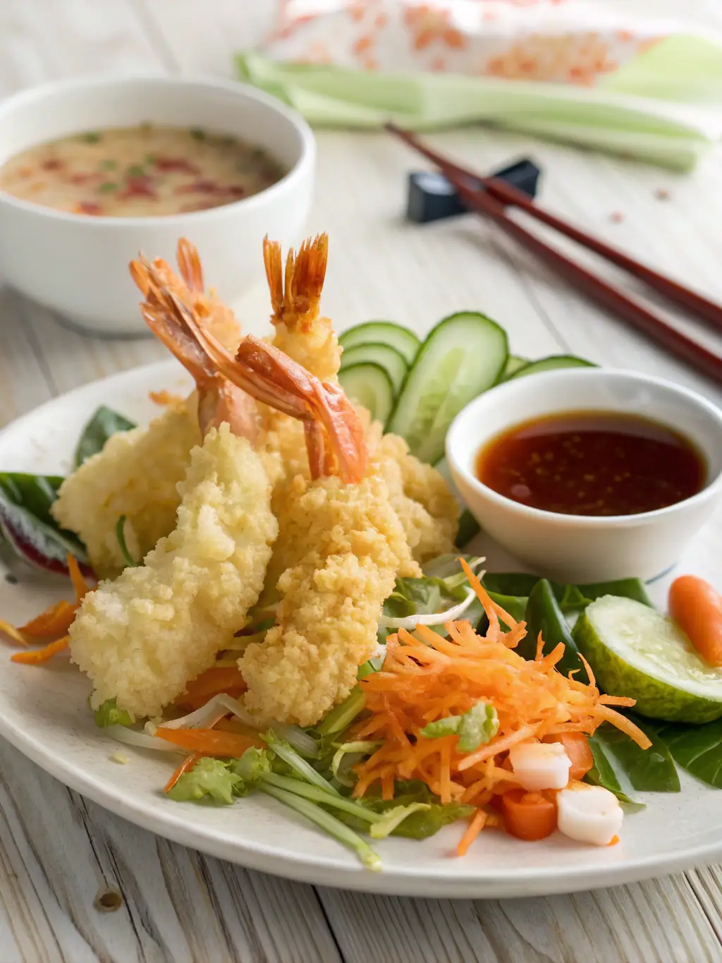 A selection of tempura, including shrimp and vegetables, lightly battered and fried to a golden crisp, served with a dipping sauce.