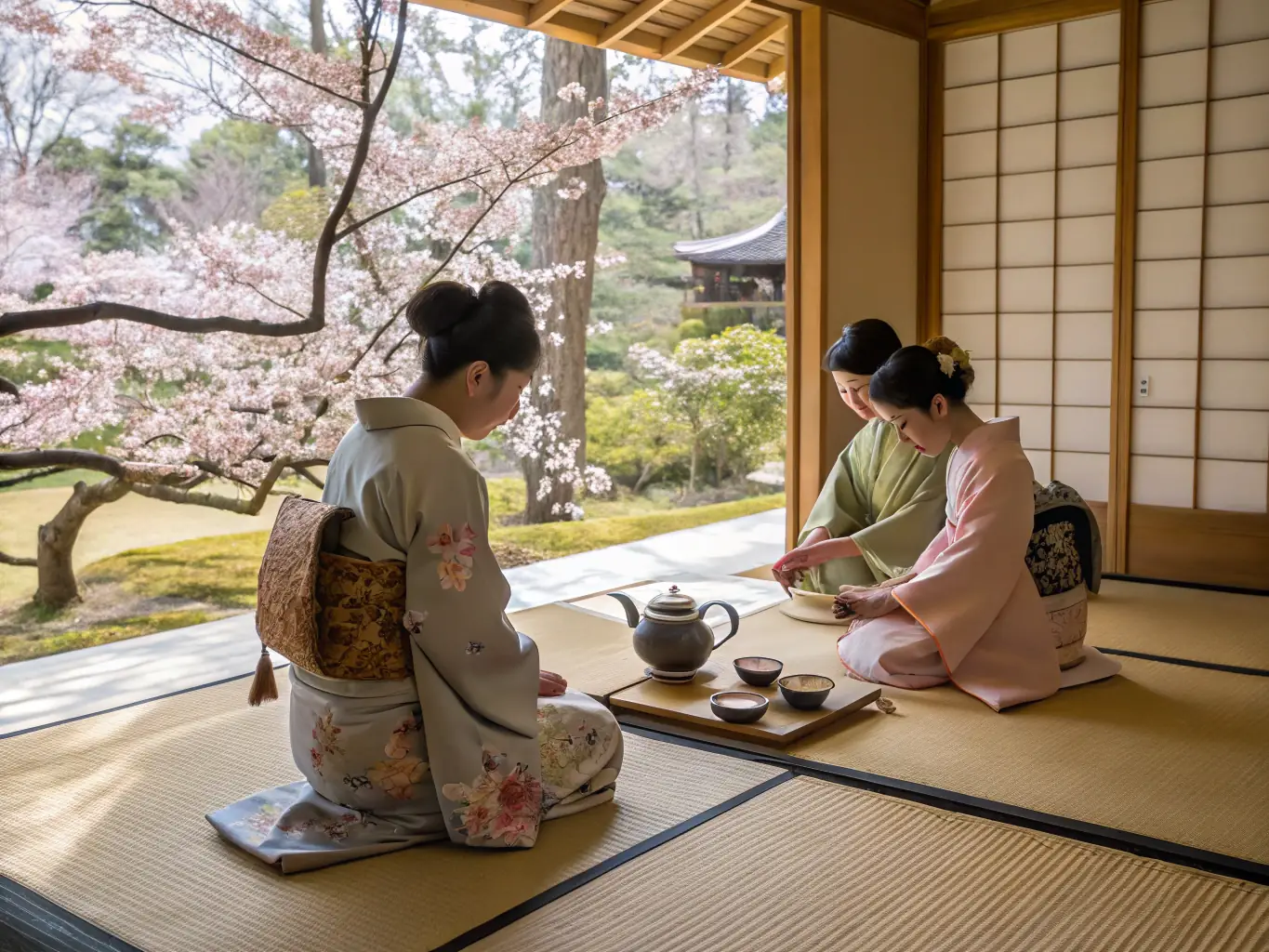 A serene image of a traditional Japanese tea ceremony, with focus on the meticulous preparation and presentation of matcha tea.
