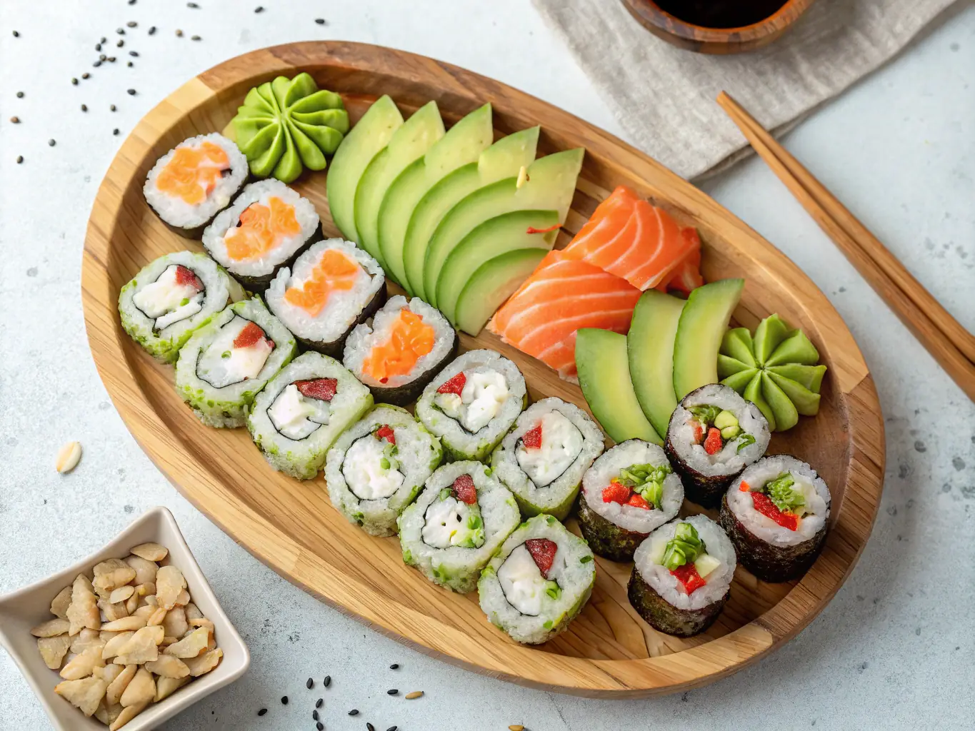 A close-up shot of perfectly arranged sushi rolls on a dark wooden board, highlighting the fresh ingredients and meticulous craftsmanship.