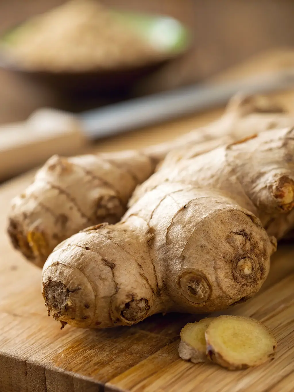 Close-up shot of fresh, vibrant ginger root, showcasing its texture and color, used in many Japanese dishes for its flavor and health benefits.