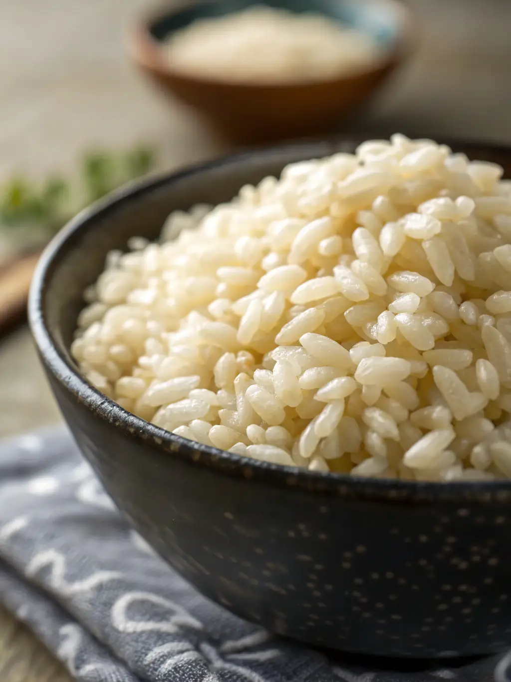 A bowl of short-grain Japanese rice, perfectly cooked and fluffy, with visible grains and a slightly sticky texture, the foundation of many Japanese meals.