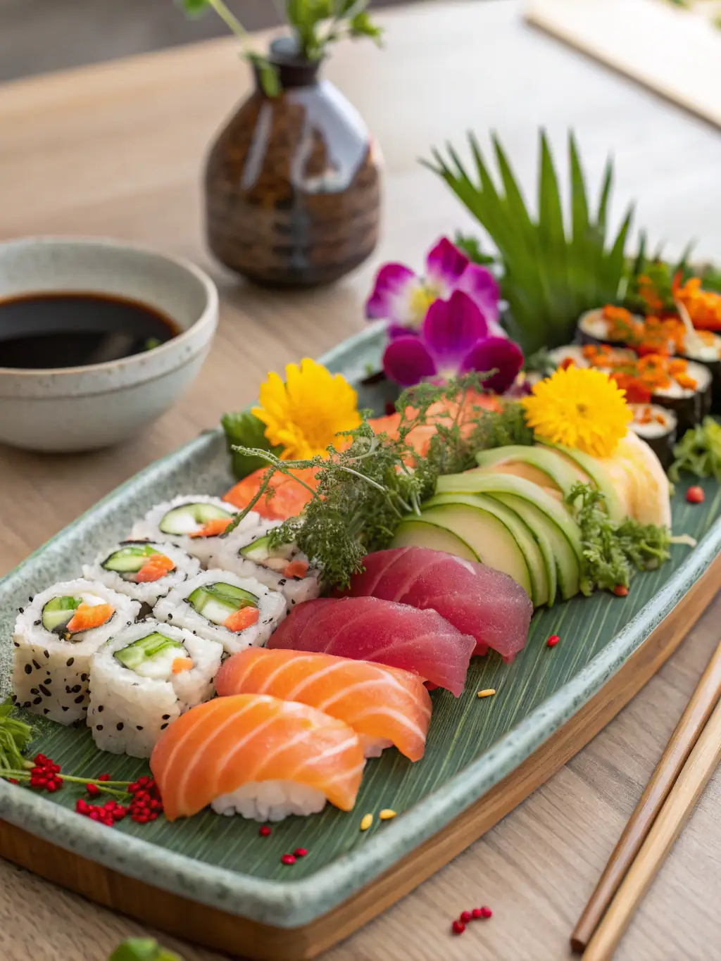 A close-up shot of various sushi rolls and nigiri, artfully arranged on a wooden serving board, showcasing the vibrant colors and textures of the ingredients.