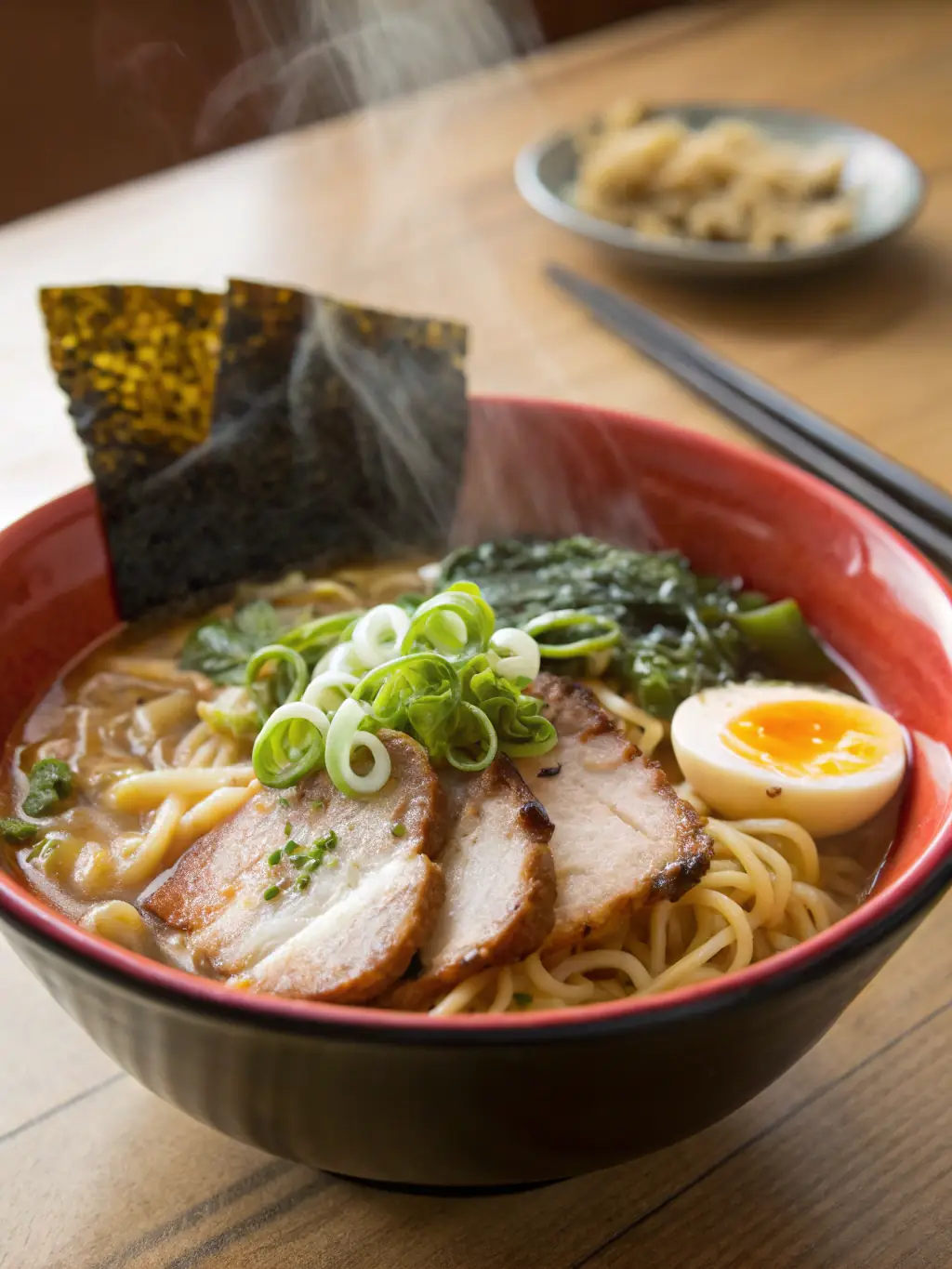 A steaming bowl of ramen with perfectly cooked noodles, a rich broth, and various toppings such as sliced pork, seaweed, and a soft-boiled egg.