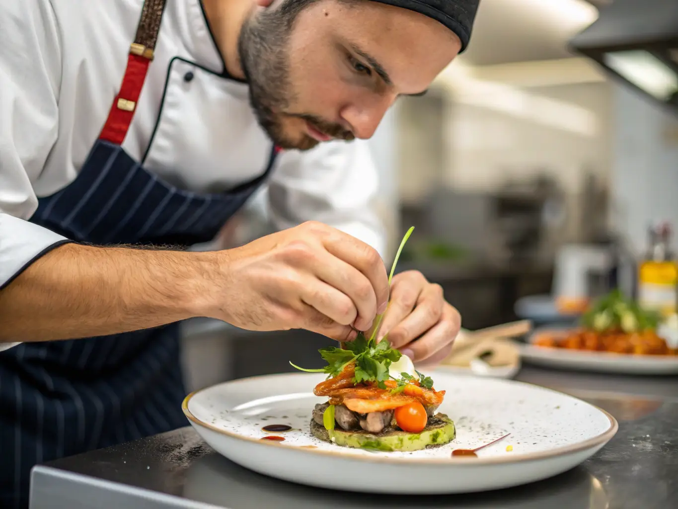 A close-up shot of a skilled chef meticulously preparing sushi, highlighting the precision and artistry involved.