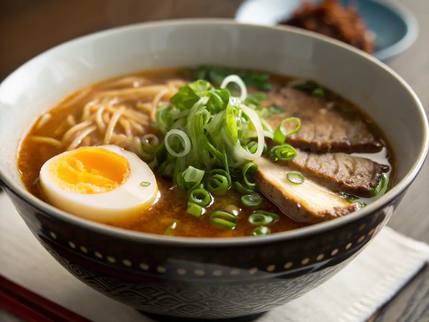 A steaming bowl of ramen with rich broth, tender pork belly, and perfectly cooked noodles, garnished with green onions and a soft-boiled egg.