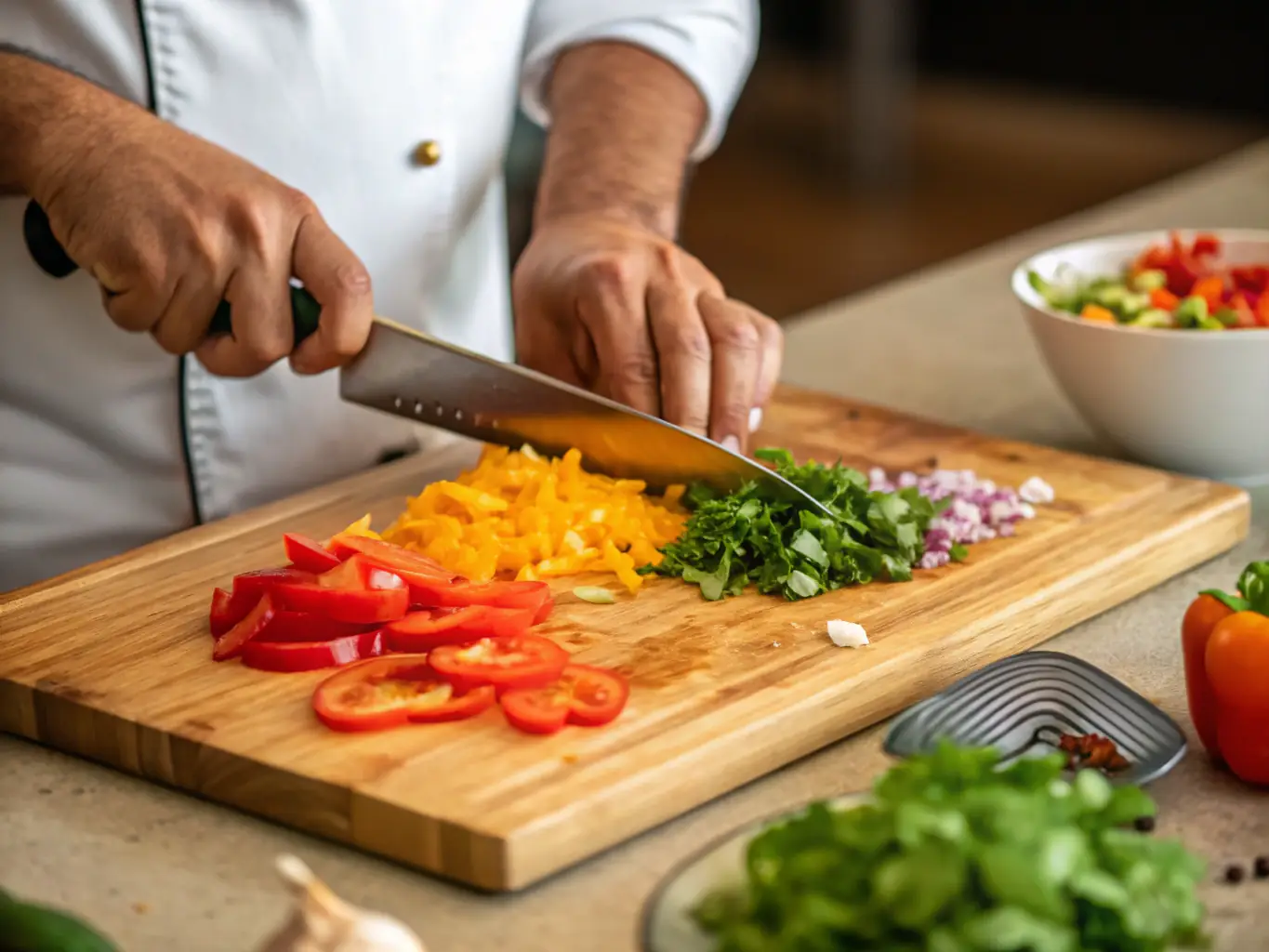 A close-up shot of hands expertly using a Japanese kitchen knife to slice vegetables with precision, showcasing proper knife skills.