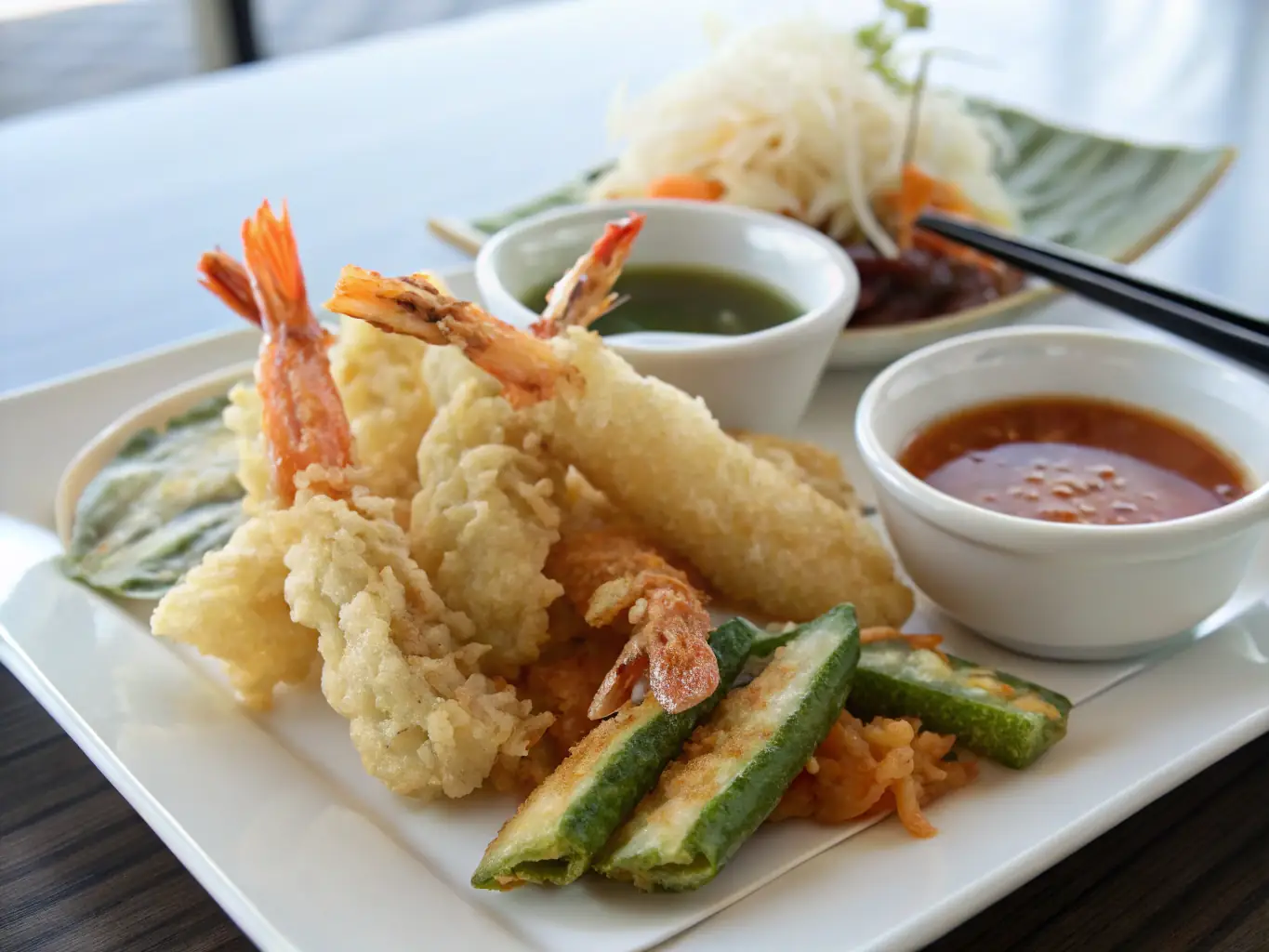 A plate of crispy tempura with a variety of vegetables and shrimp, served with a light dipping sauce.